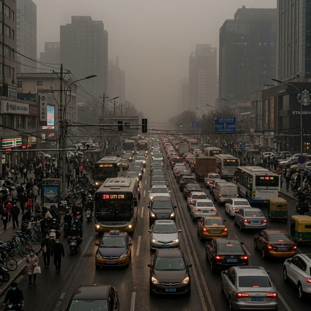 Photograph of city traffic under a haze of poor air quality