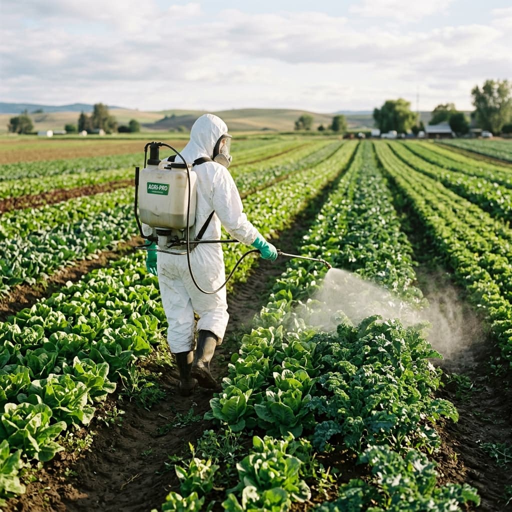 Photograph of pesticide being sprayed across a field of vegetables