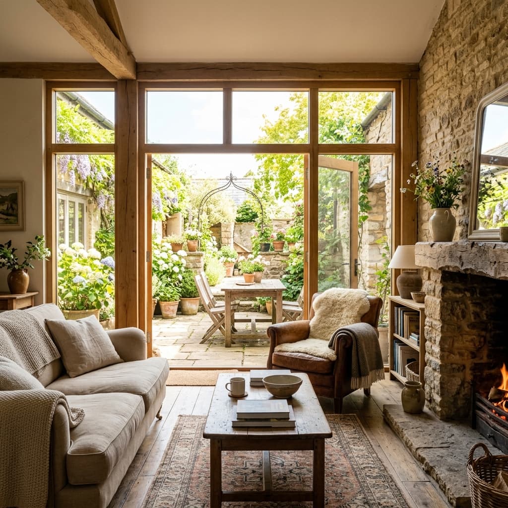 A warm living room opening through wide doors onto a private garden